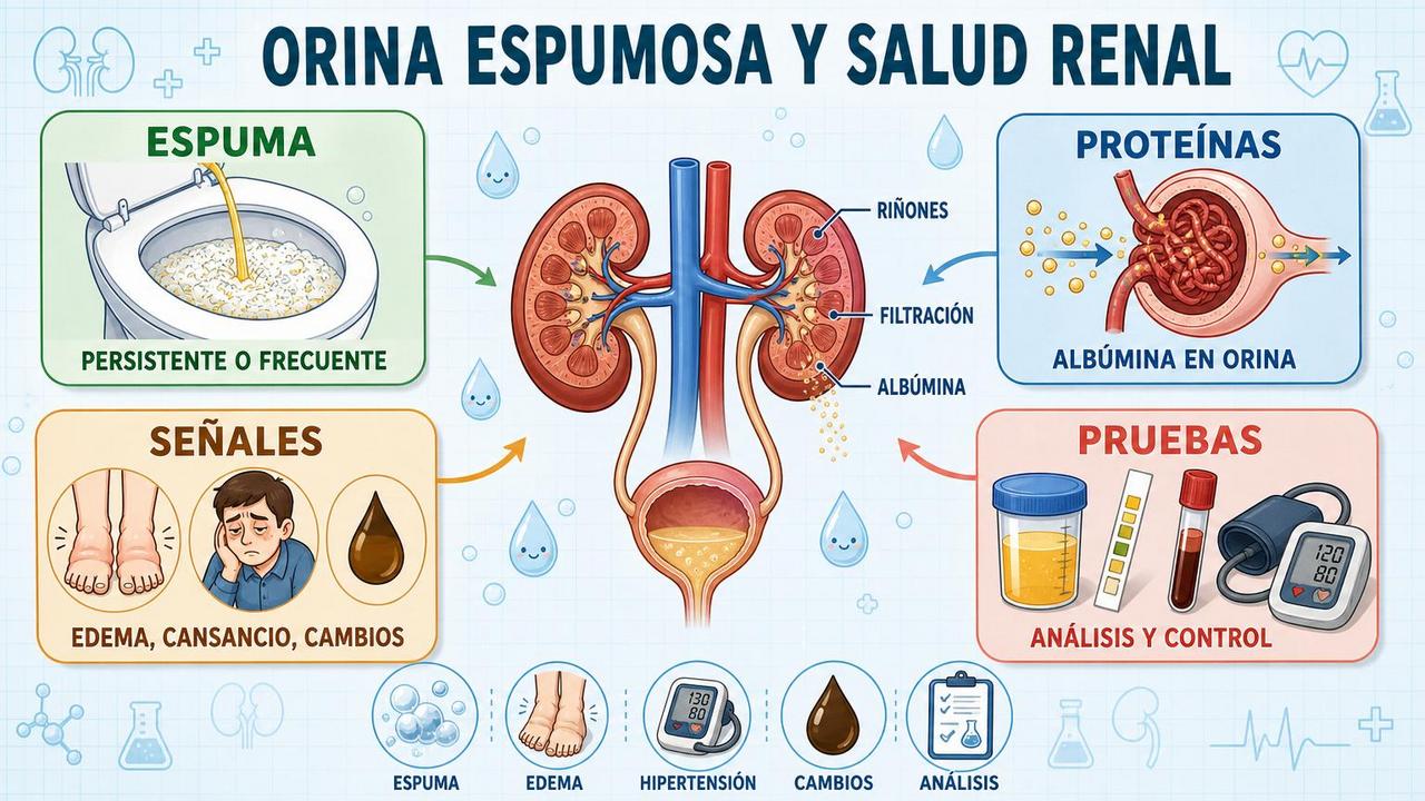 Síntomas, proteínas, pruebas y señales clave de la orina espumosa persistente.