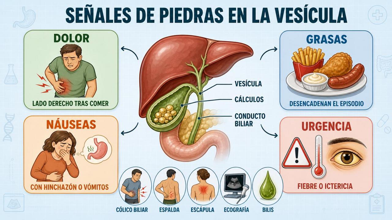 Dolor, grasas, náuseas y urgencia: claves visuales de la colelitiasis sintomática.
