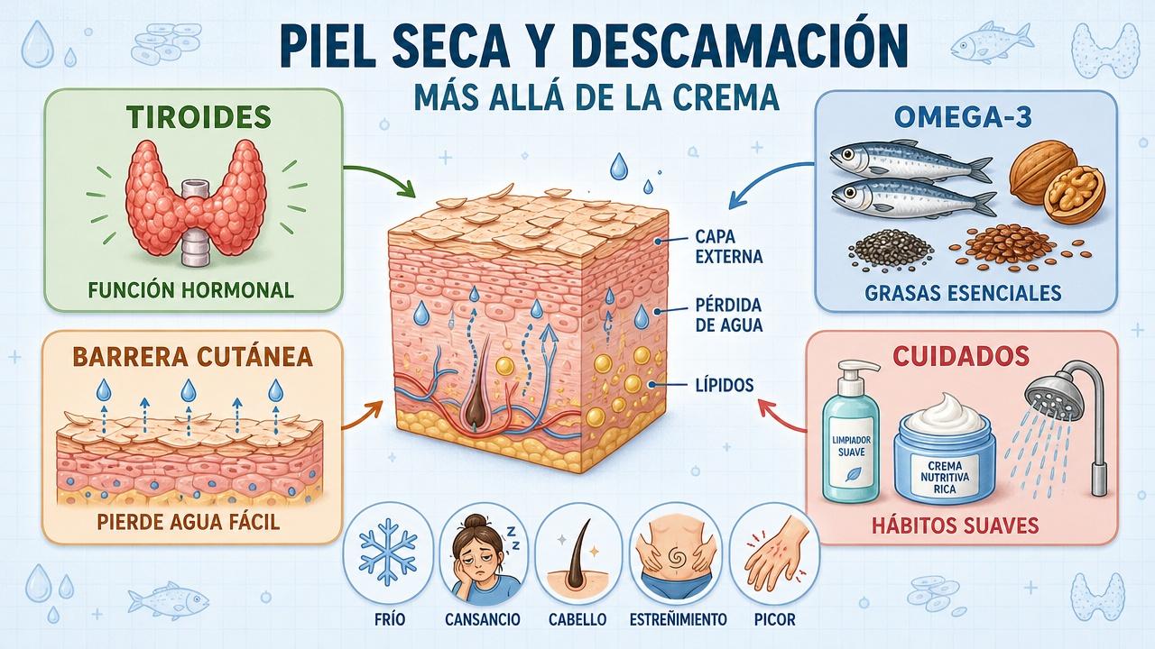 Tiroides, omega-3, barrera cutánea y cuidados suaves explican la descamación persistente.