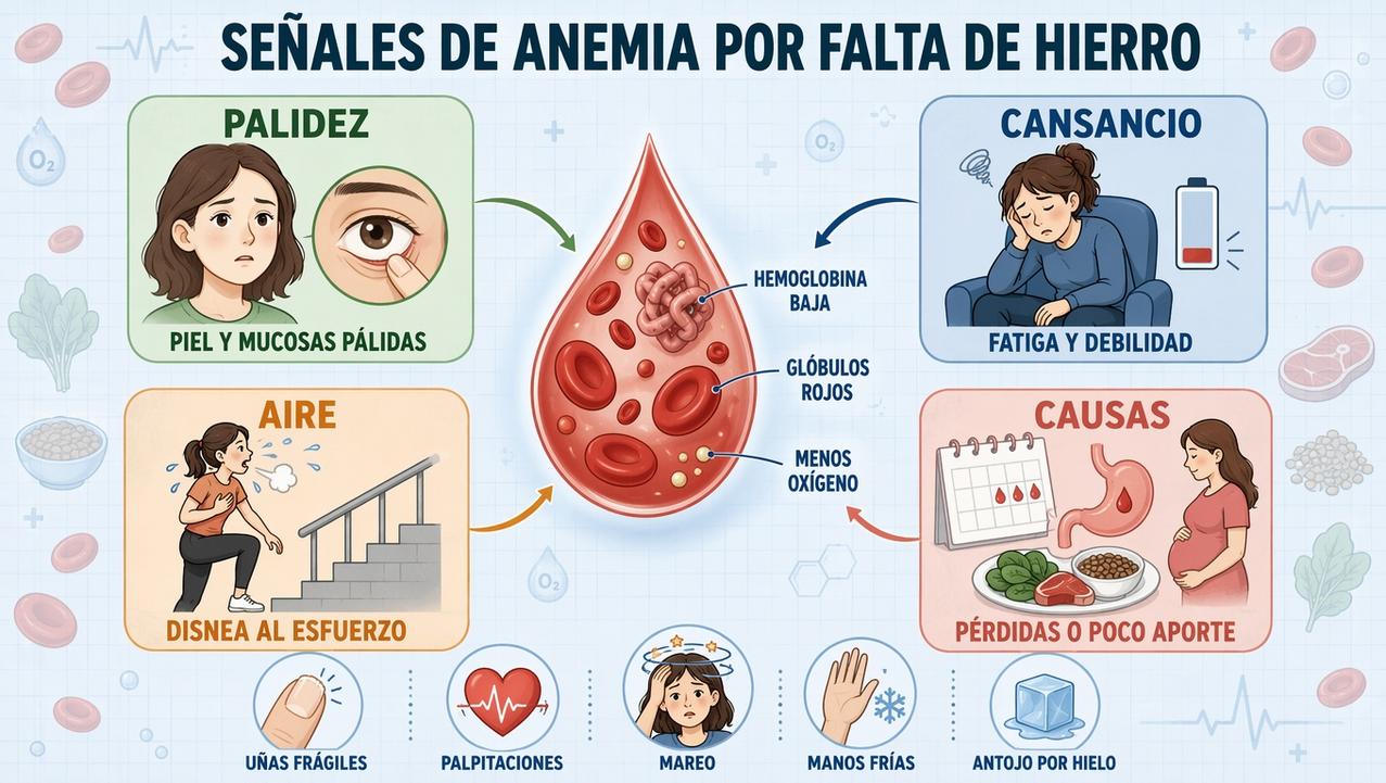 Palidez, cansancio, disnea y causas frecuentes resumidas en una infografía clara.