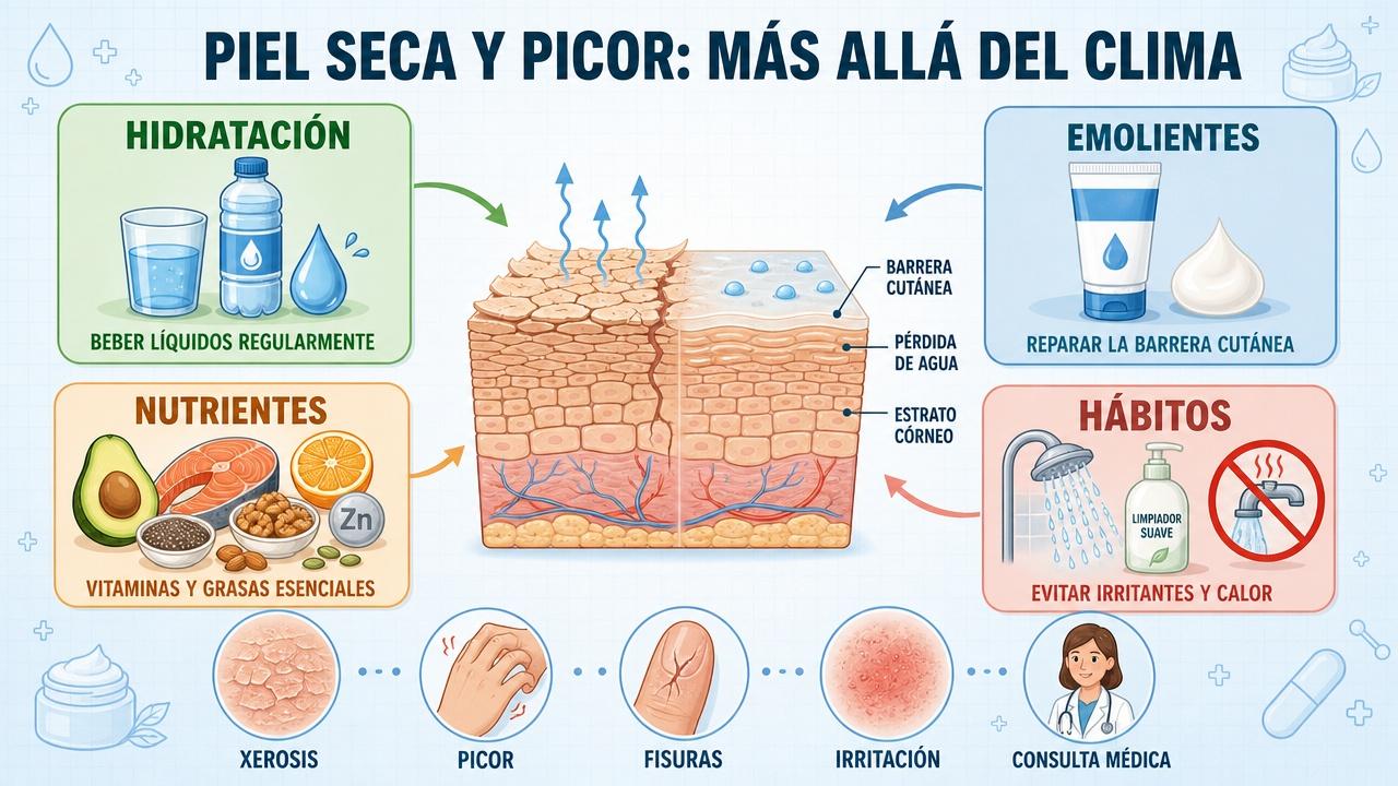 Hidratación, emolientes, nutrientes y hábitos suaves sostienen la barrera cutánea.