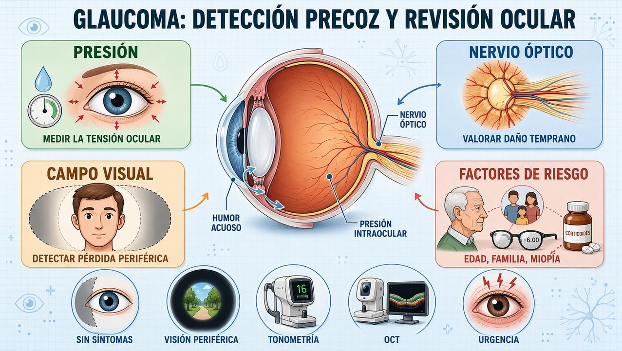 Presión, nervio óptico, campo visual y riesgo guían la detección precoz.
