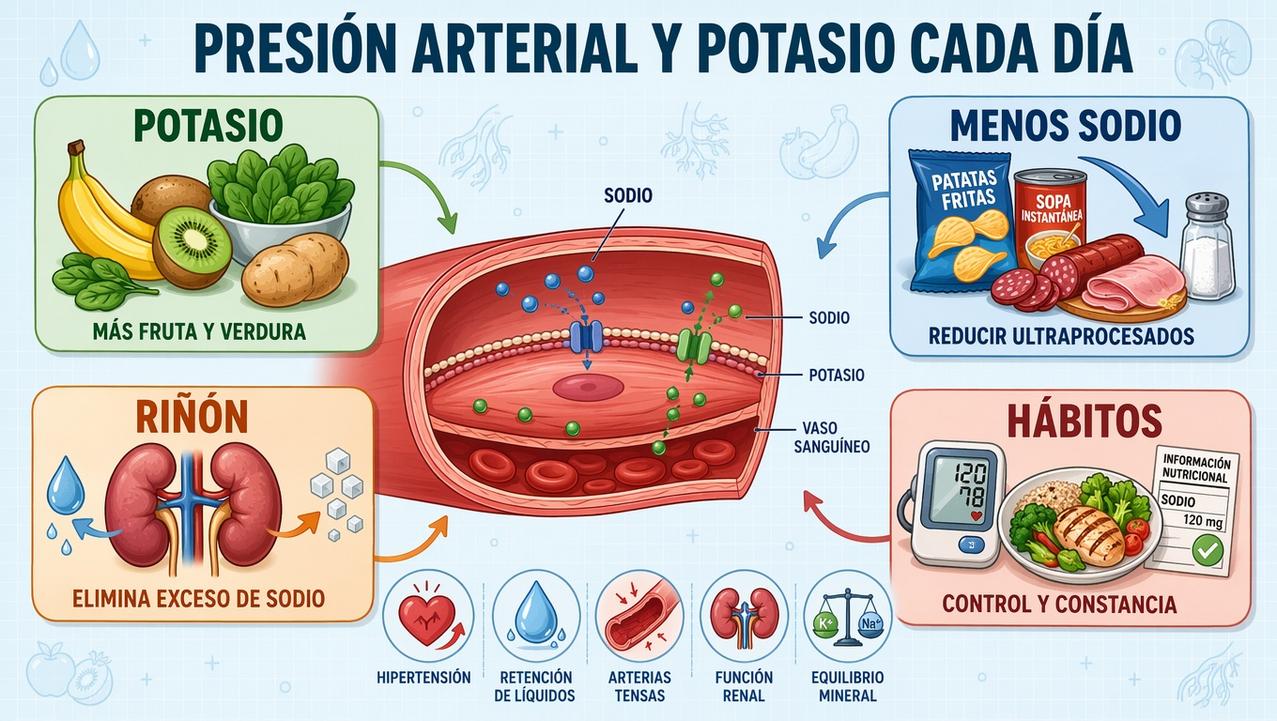 Cuatro pilares para equilibrar sodio, potasio y tensión arterial cada día.
