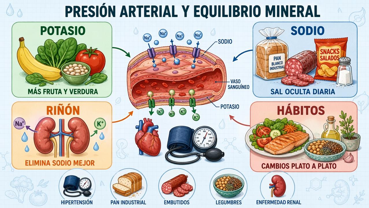 Potasio, sodio, riñón y hábitos dietéticos sostienen el equilibrio tensional.