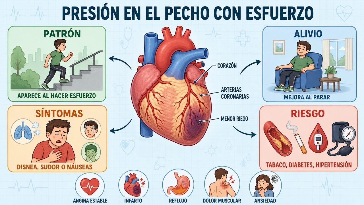 Patrón, alivio, síntomas y riesgo para distinguir angina de otras causas.