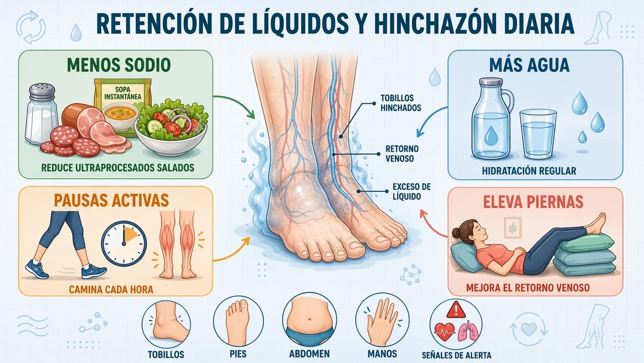 Menos sodio, hidratación, pausas activas y piernas elevadas ayudan frente al edema.