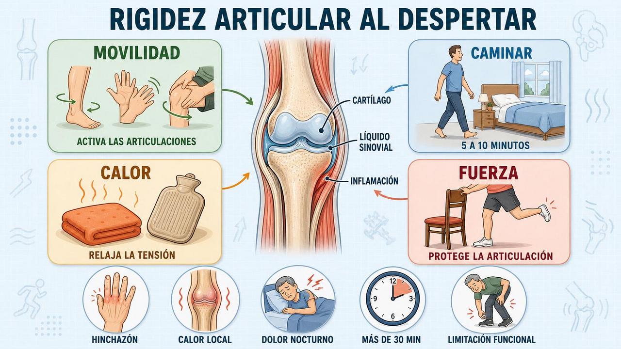 Movilidad, caminar, calor y fuerza ayudan a reducir la rigidez articular.