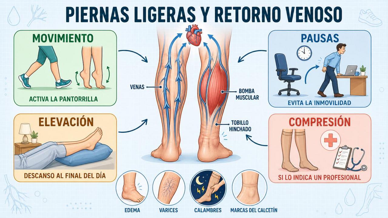 Movimiento, pausas, elevación y compresión ayudan a aliviar las piernas pesadas.