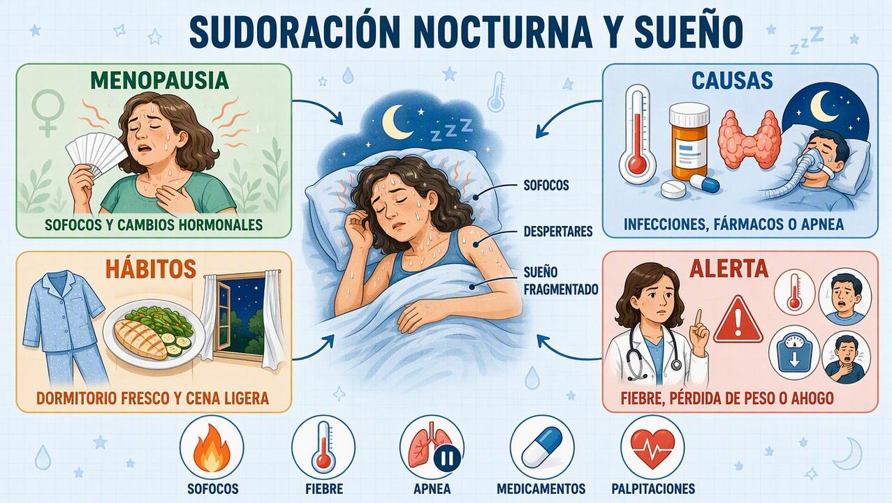 Menopausia, causas, hábitos y señales de alerta ante la sudoración nocturna.