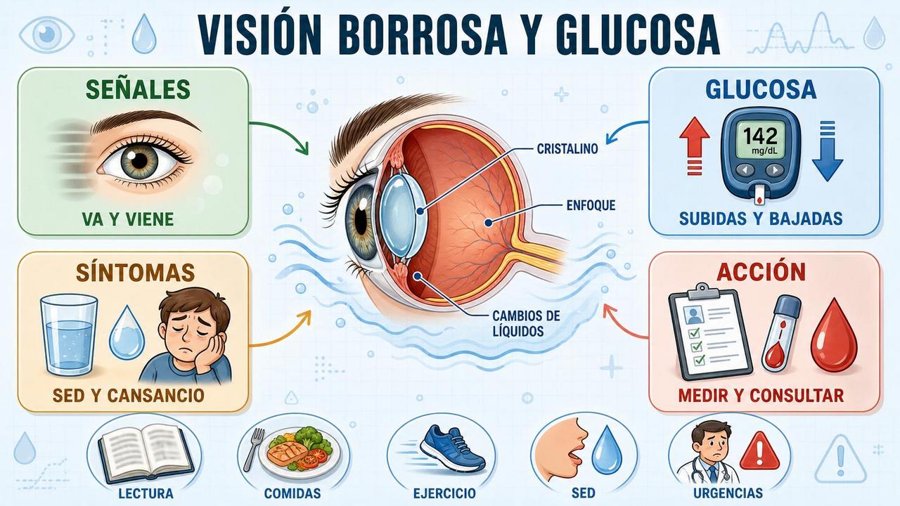 Señales, síntomas, control glucémico y consulta médica ante visión borrosa.