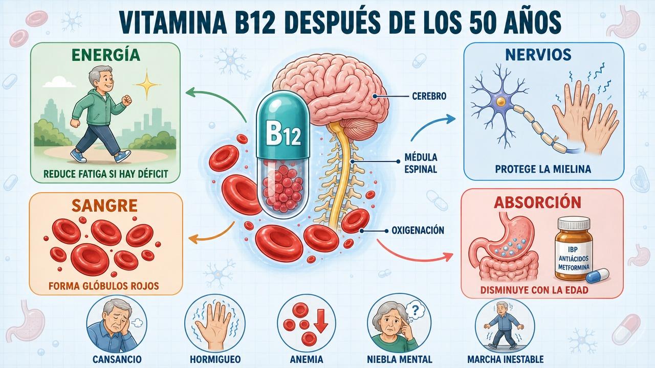 Cuatro pilares de la B12: energía, nervios, sangre y absorción.