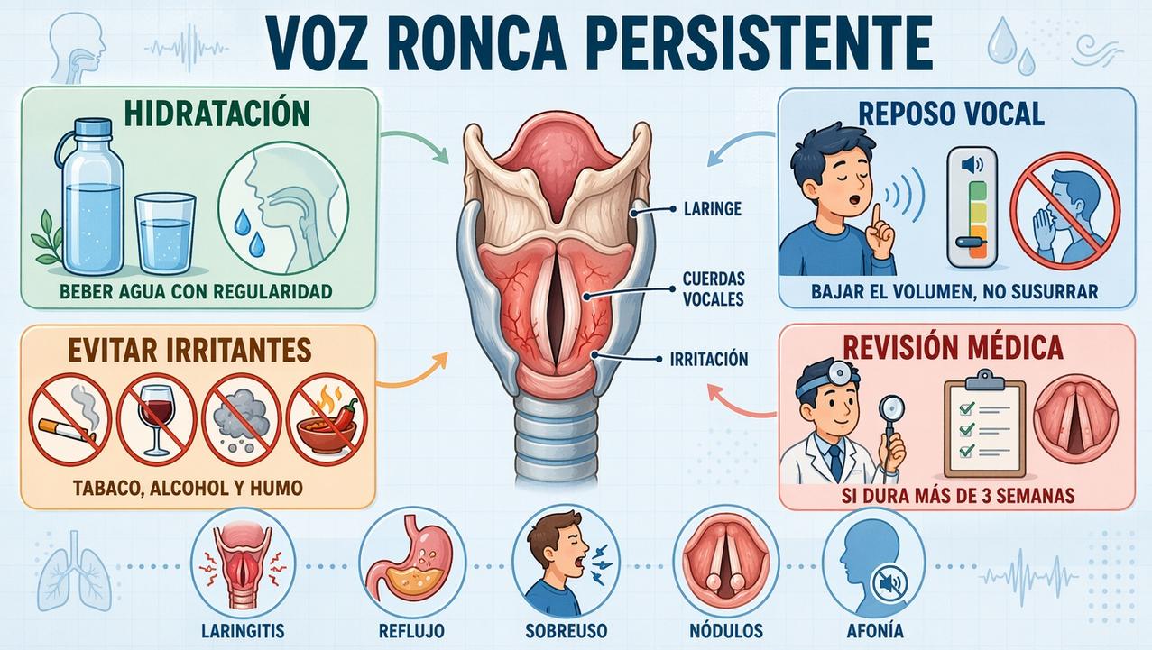 Hidratación, reposo vocal, evitar irritantes y revisión médica protegen la voz.