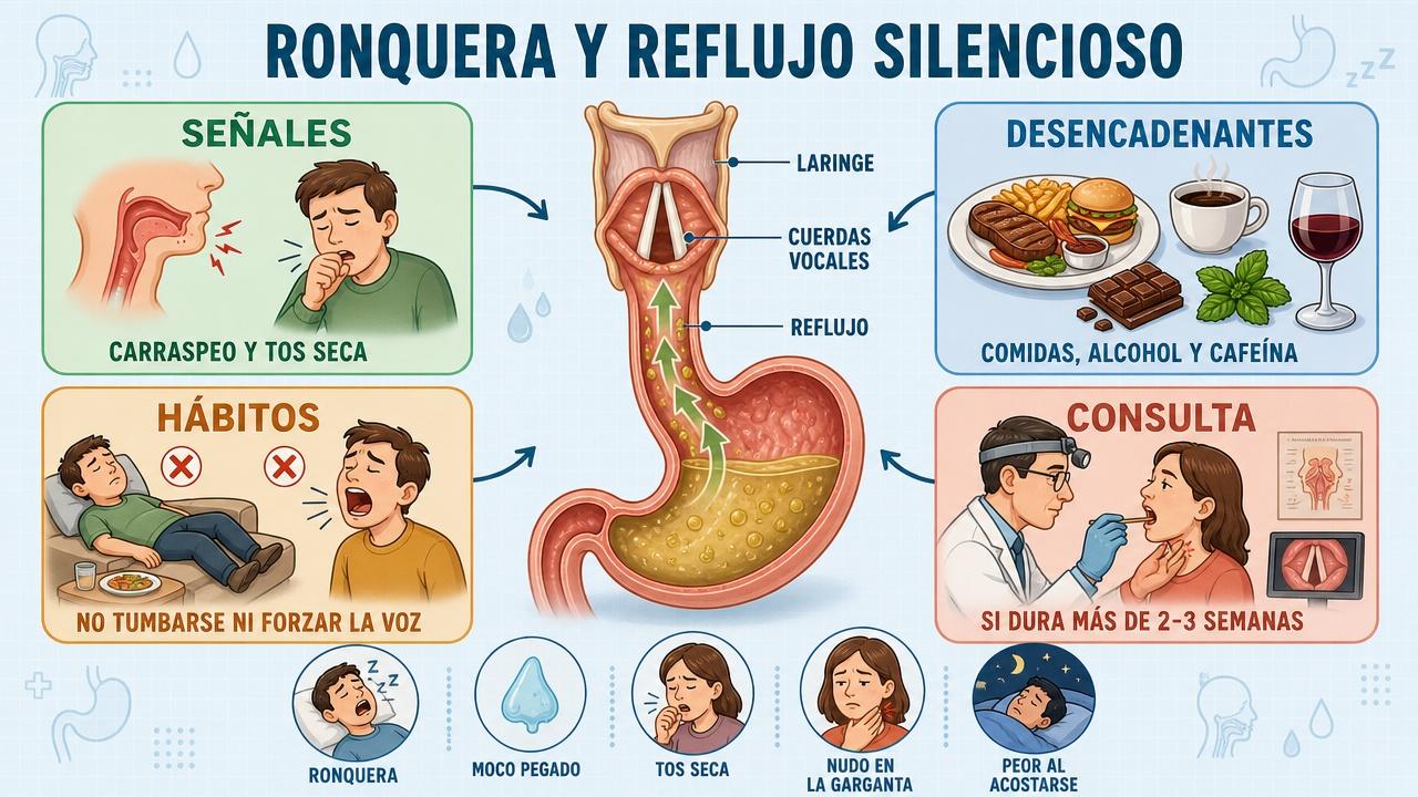 Señales, desencadenantes, hábitos y consulta ante la ronquera por reflujo silencioso.
