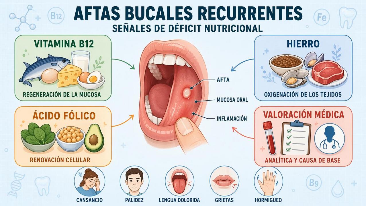 Vitamina B12, hierro, folato y revisión médica explican las aftas repetidas.