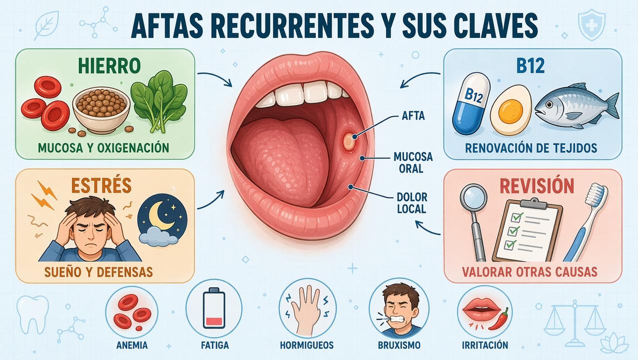 Hierro, B12, estrés y revisión clínica orientan las aftas recurrentes.
