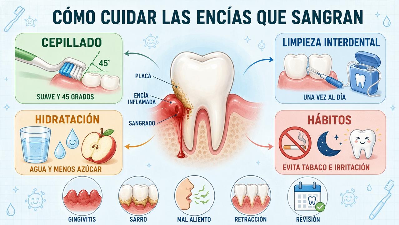 Cepillado suave, limpieza interdental, hidratación y hábitos sanos protegen las encías.