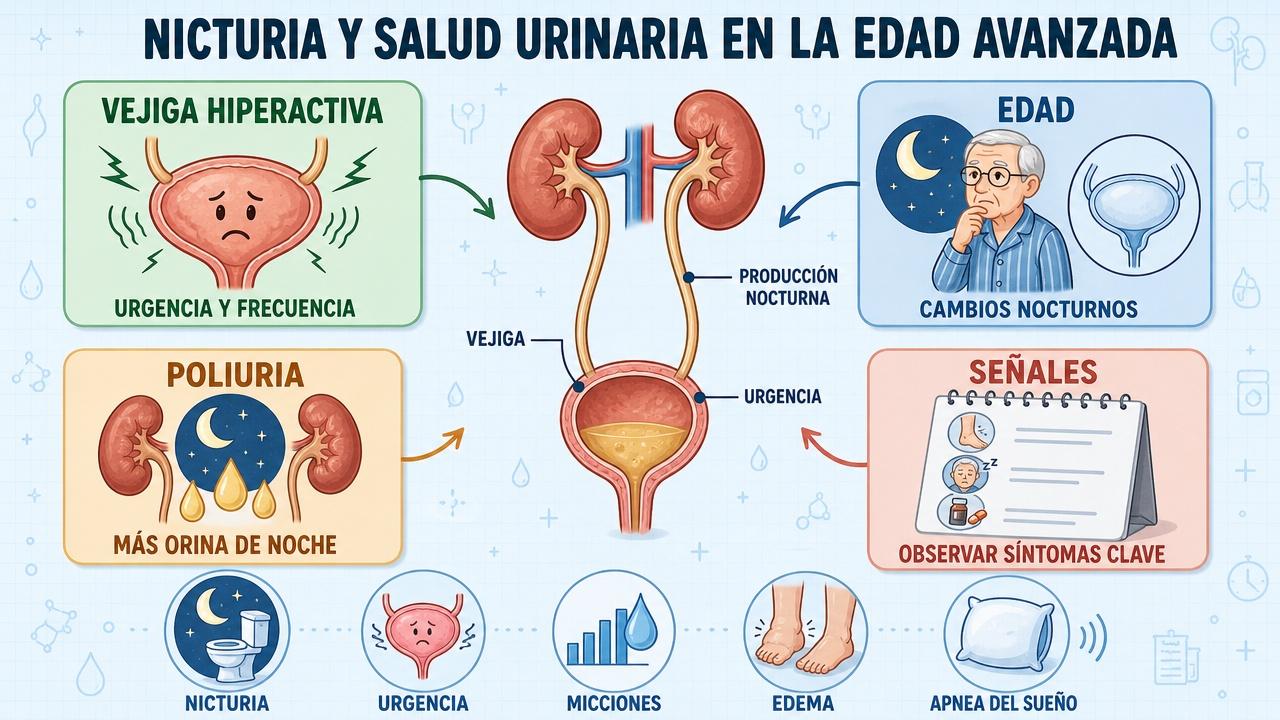 Vejiga hiperactiva, edad, poliuria y señales clínicas explican la nicturia.