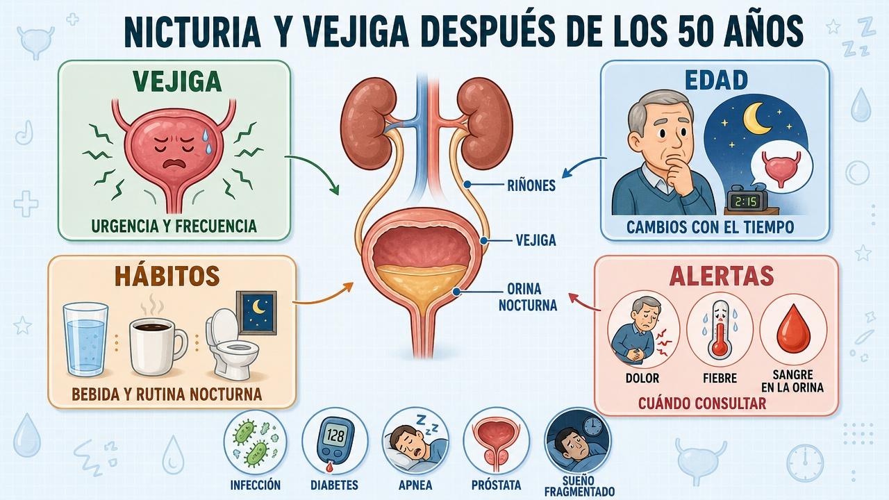 Cuatro pilares para entender la nicturia: vejiga, edad, hábitos y señales.