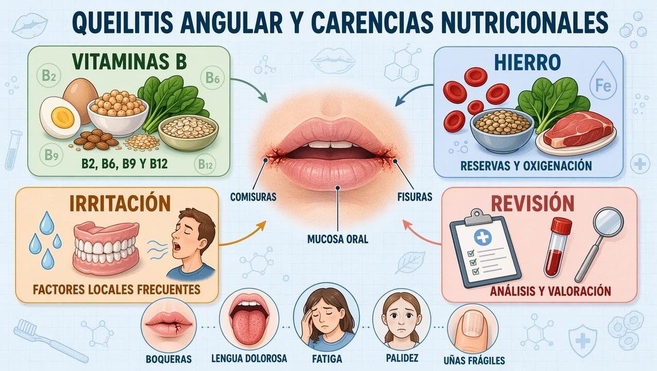 Vitaminas B, hierro, irritación local y revisión médica orientan el diagnóstico.