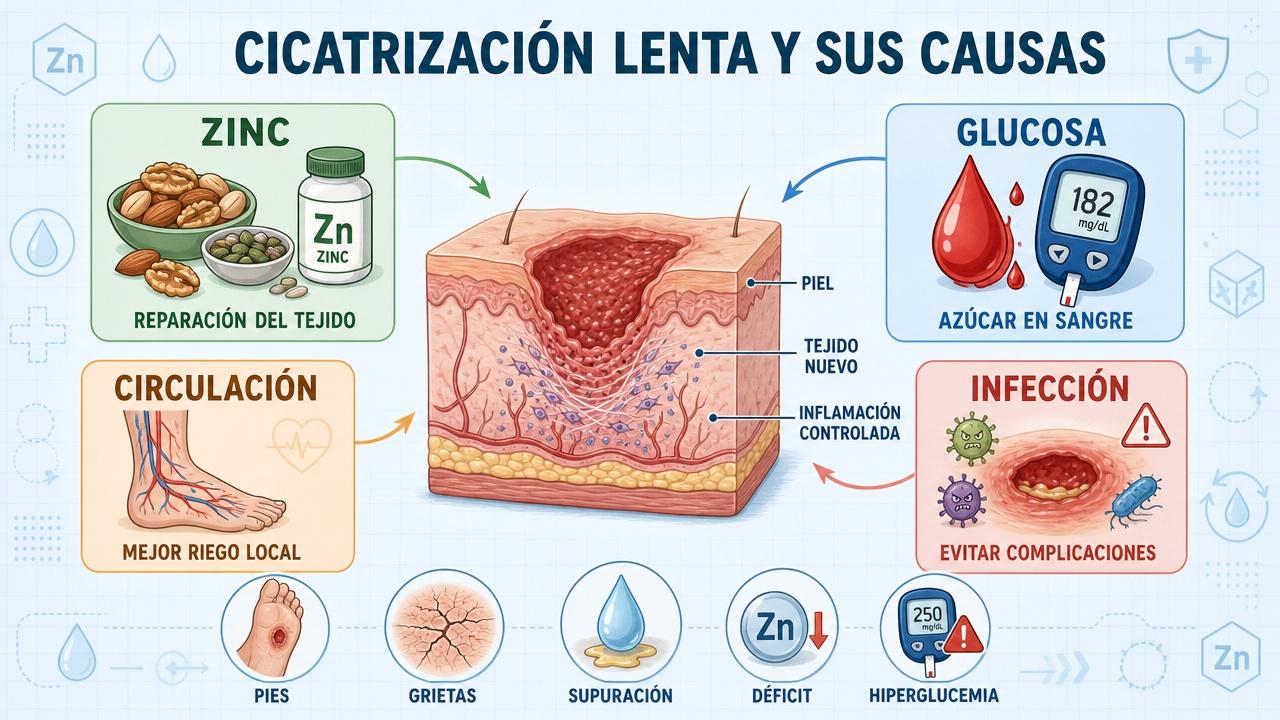 Zinc, glucosa, circulación e infección influyen en la cicatrización lenta.