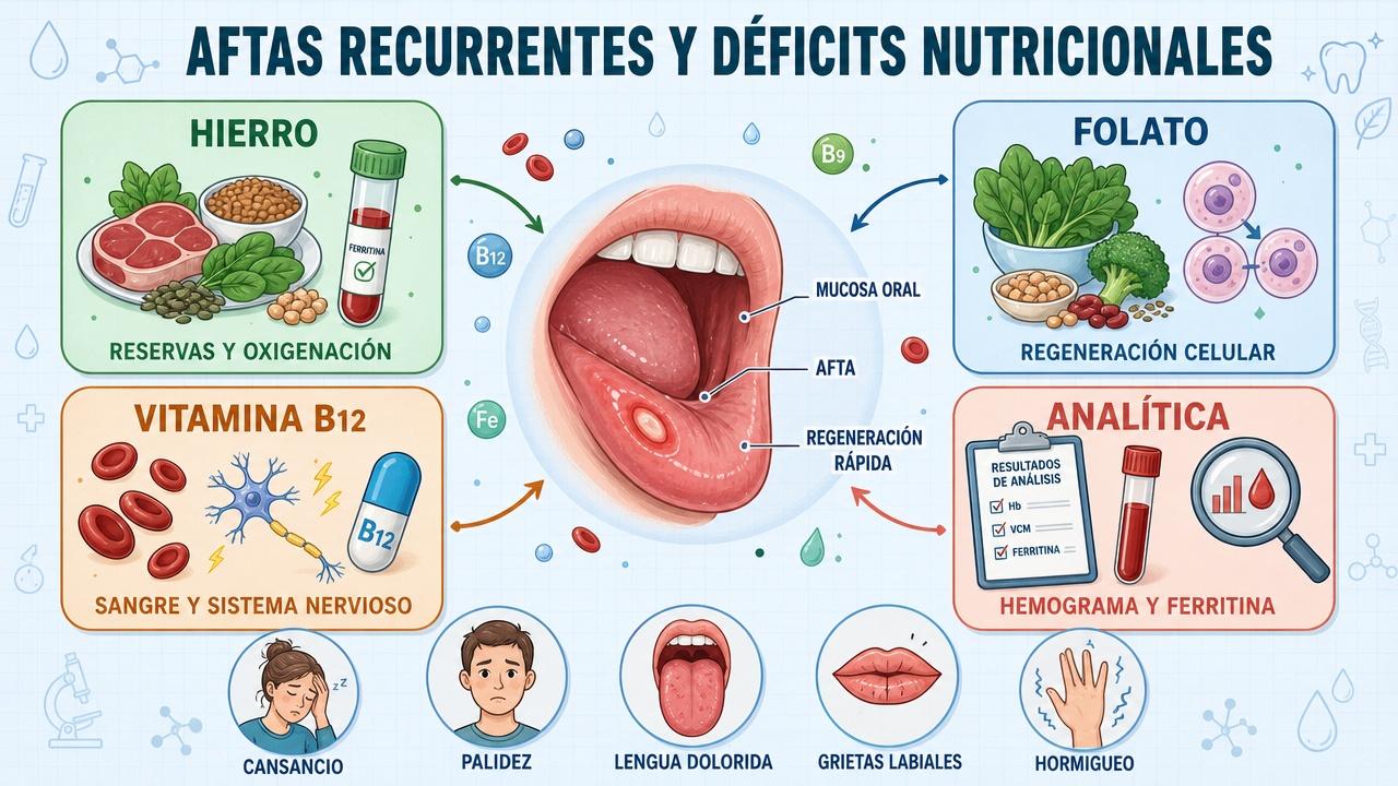 Hierro, folato, vitamina B12 y analítica orientan el origen de las aftas.