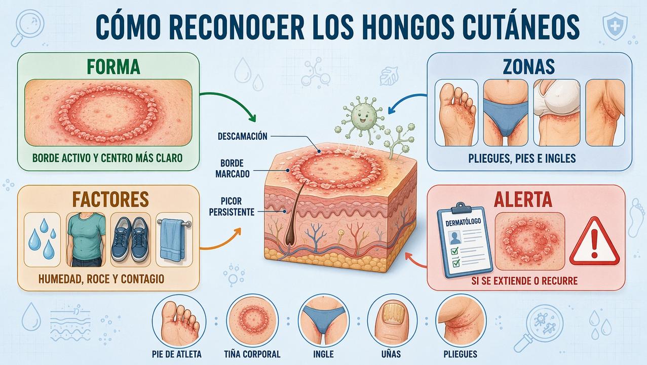 Forma, zonas, factores y señales de alarma orientan el reconocimiento de hongos cutáneos.