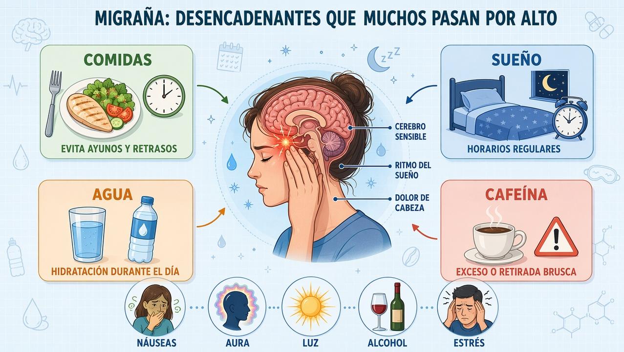 Cuatro desencadenantes clave: comidas, sueño, agua y cafeína en la migraña.