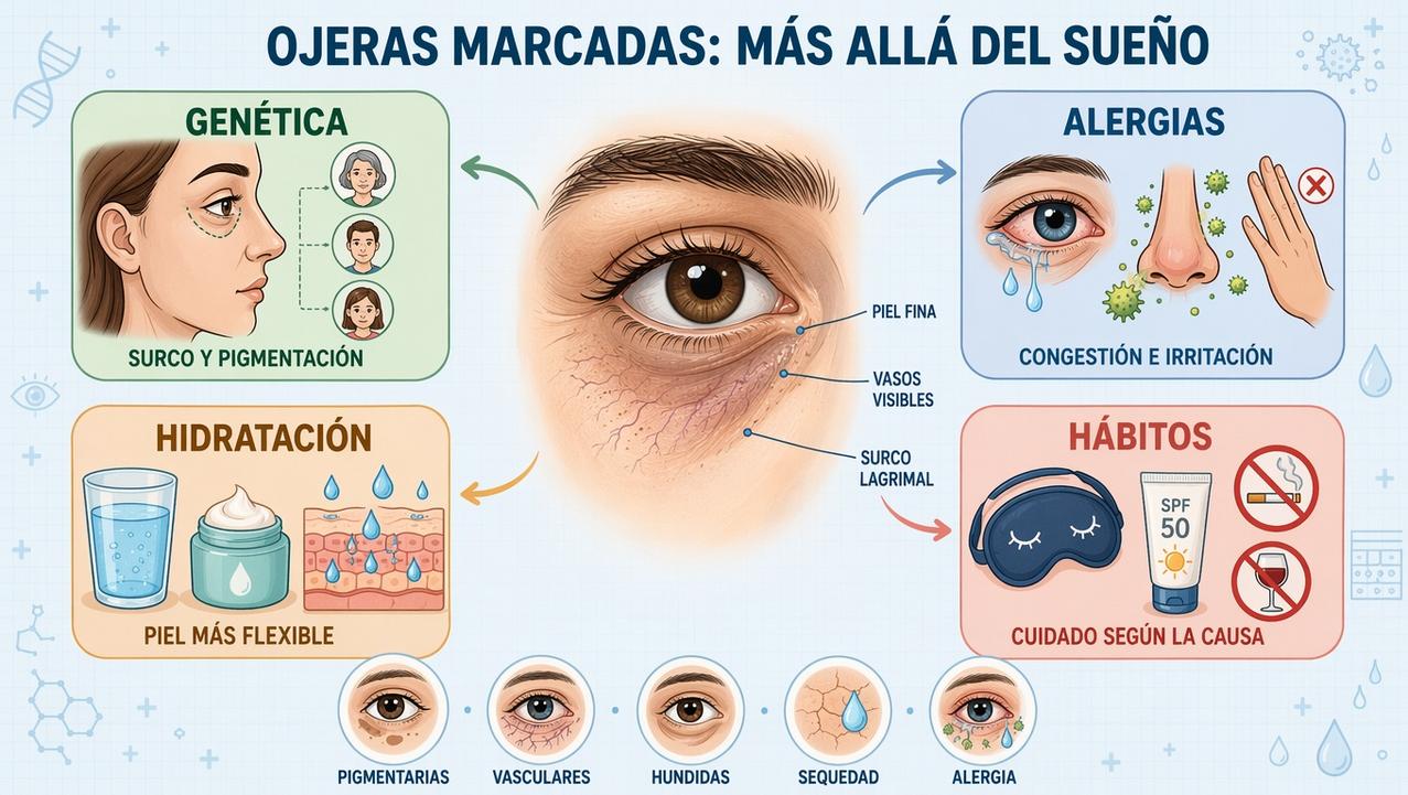 Genética, alergias, hidratación y hábitos explican distintas causas de las ojeras.
