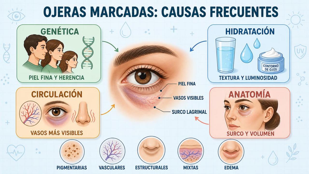 Genética, hidratación, circulación y anatomía influyen en las ojeras marcadas.