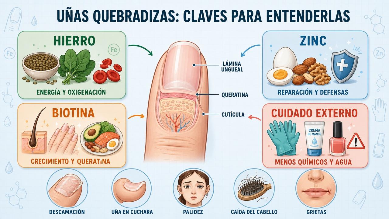 Hierro, zinc, biotina y cuidado externo influyen en unas uñas resistentes.