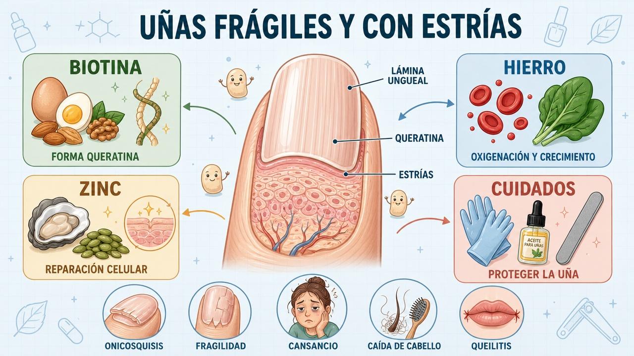 Biotina, hierro, zinc y cuidados externos sostienen unas uñas más resistentes.