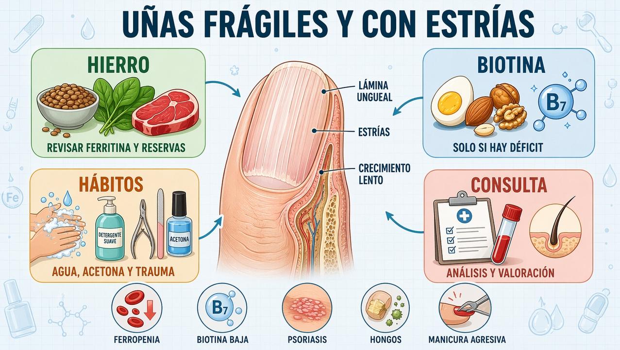 Hierro, biotina, hábitos y consulta médica orientan la fragilidad ungueal.