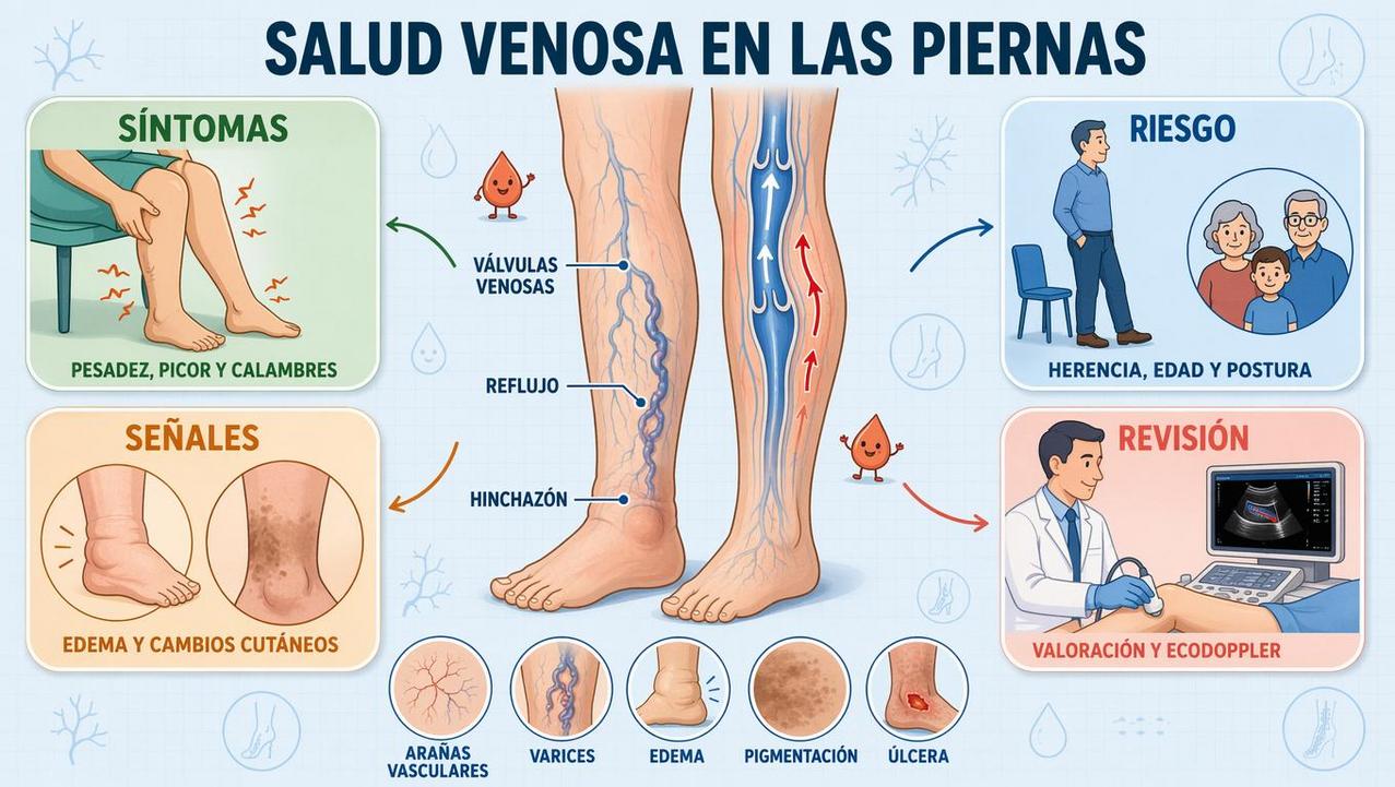 Síntomas, riesgos, señales y revisión médica de la insuficiencia venosa.
