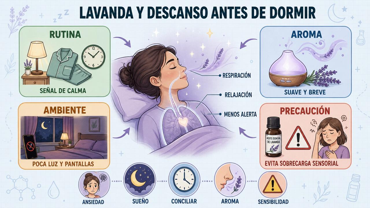 Rutina, aroma, ambiente y precaución: claves para usar lavanda antes de dormir.