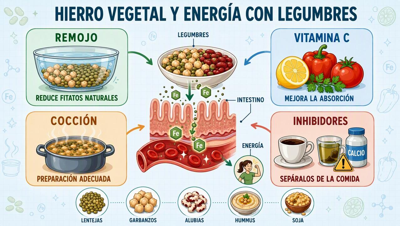 Remojo, vitamina C, cocción e inhibidores: cuatro claves para absorber hierro.
