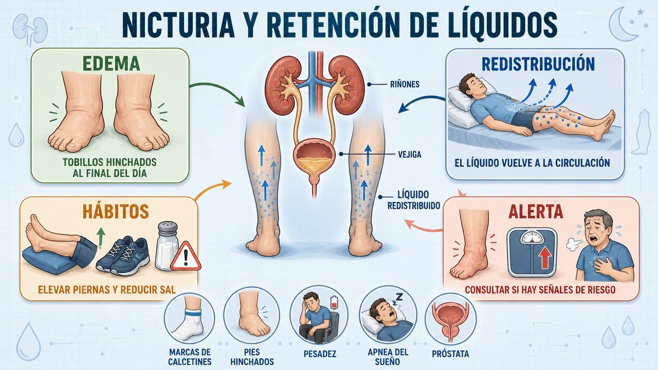 Edema, redistribución nocturna, hábitos útiles y señales de alerta principales.