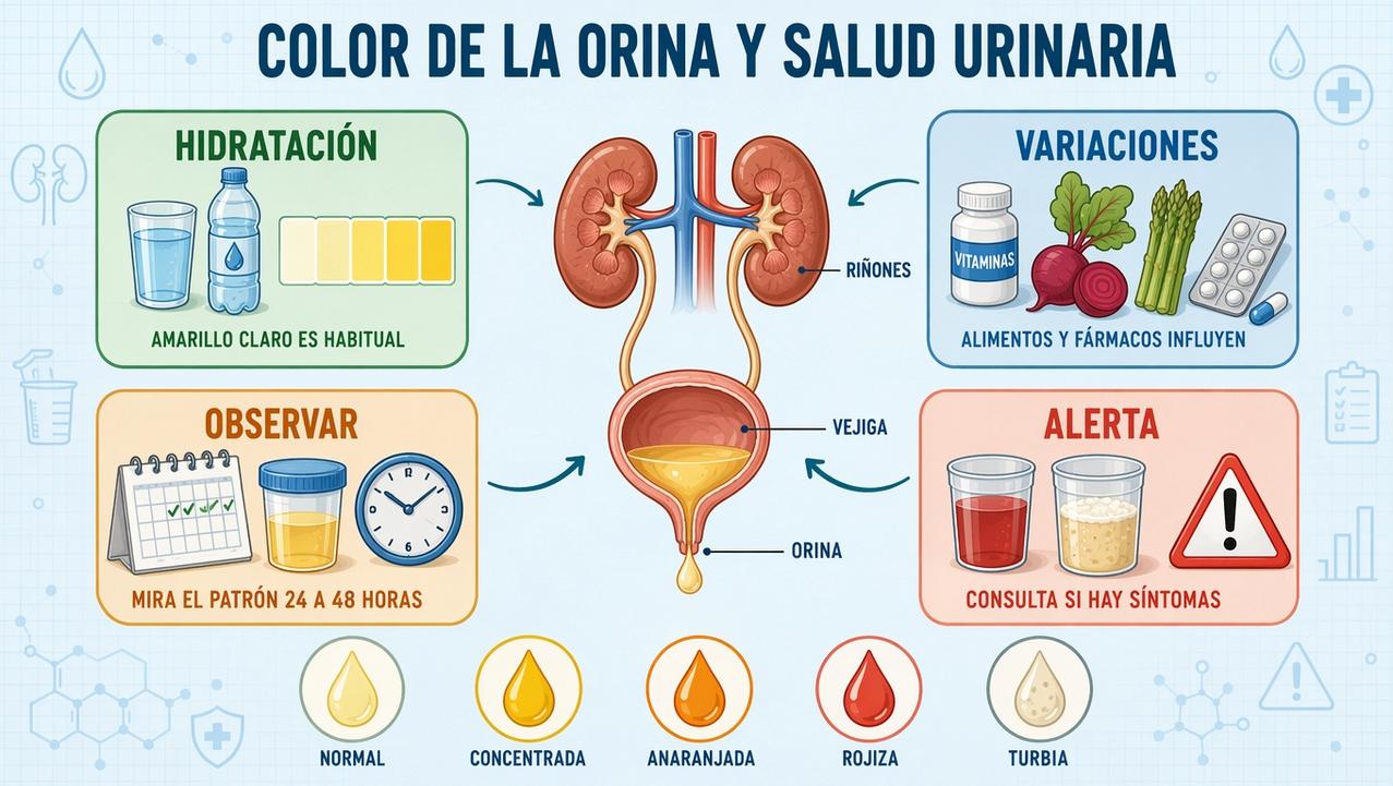 Hidratación, variaciones, observación y alertas para interpretar mejor el color urinario.