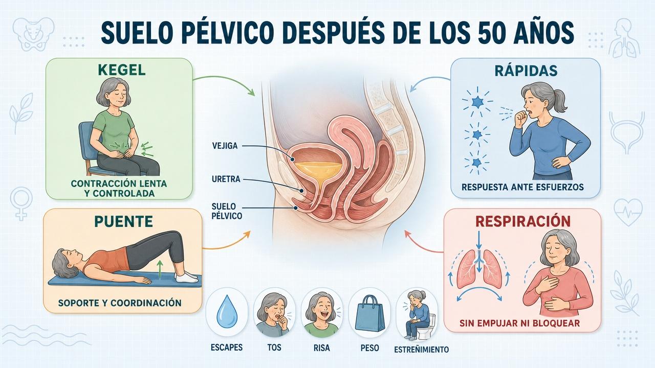 Kegel, contracciones rápidas, puente y respiración: pilares del suelo pélvico.