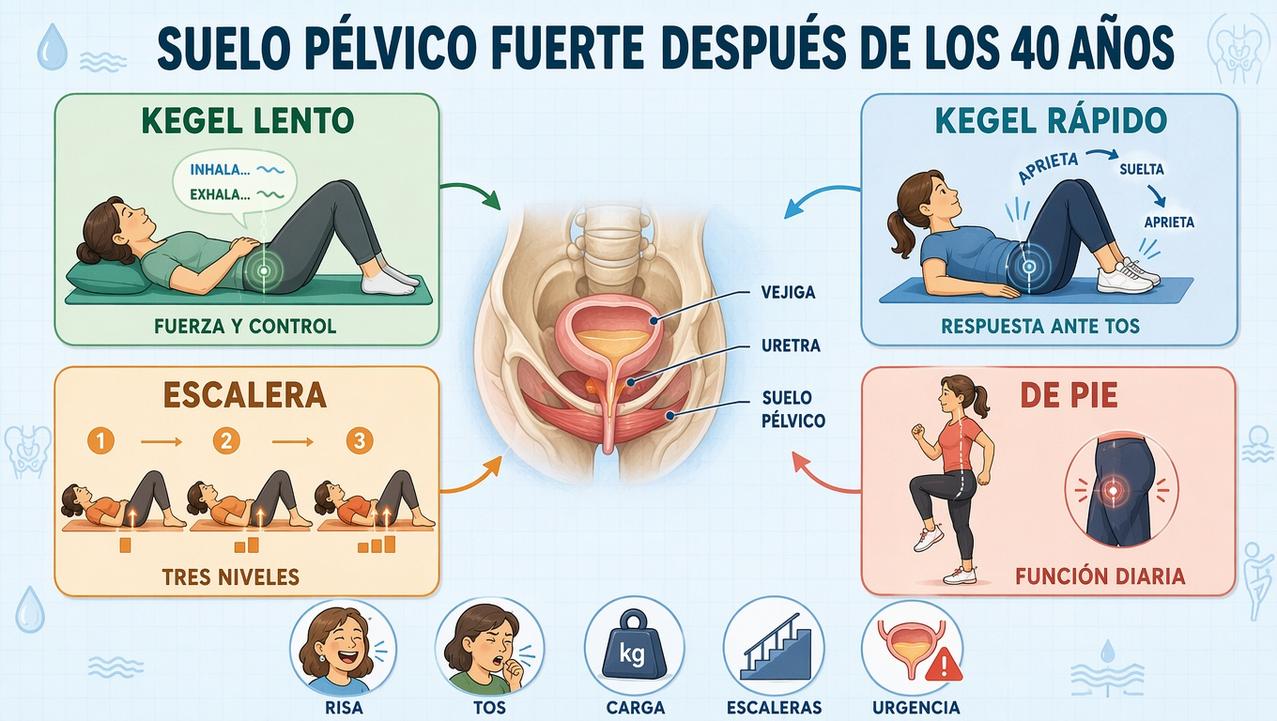 Kegel lento, rápido, escalera y trabajo funcional para reforzar el periné.