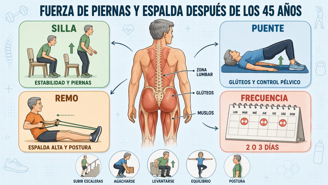 Silla, puente, remo y frecuencia: pilares para ganar fuerza y estabilidad.