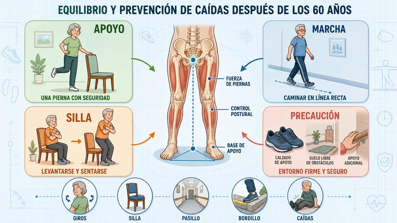 Cuatro pilares para prevenir caídas: apoyo, marcha, silla y precaución.