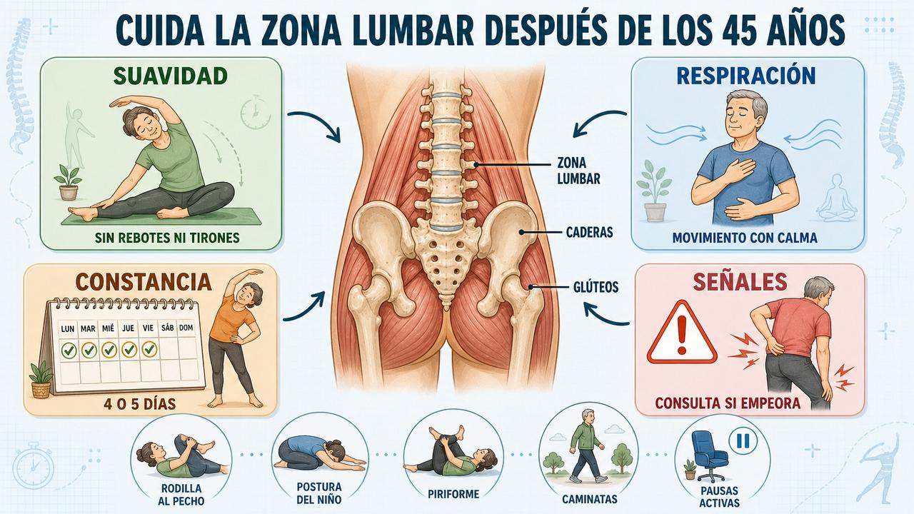 Suavidad, respiración, constancia y señales de alerta para cuidar la espalda.