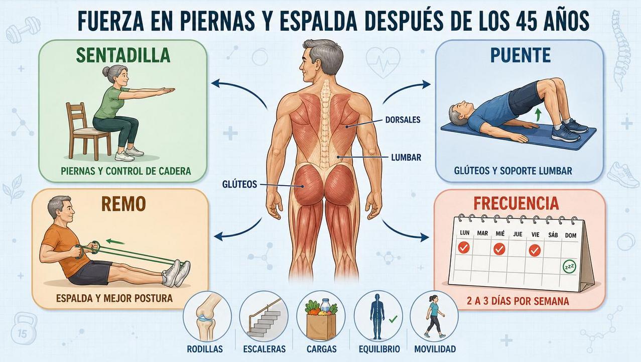 Sentadilla, puente, remo y frecuencia regular: pilares para piernas y espalda fuertes.