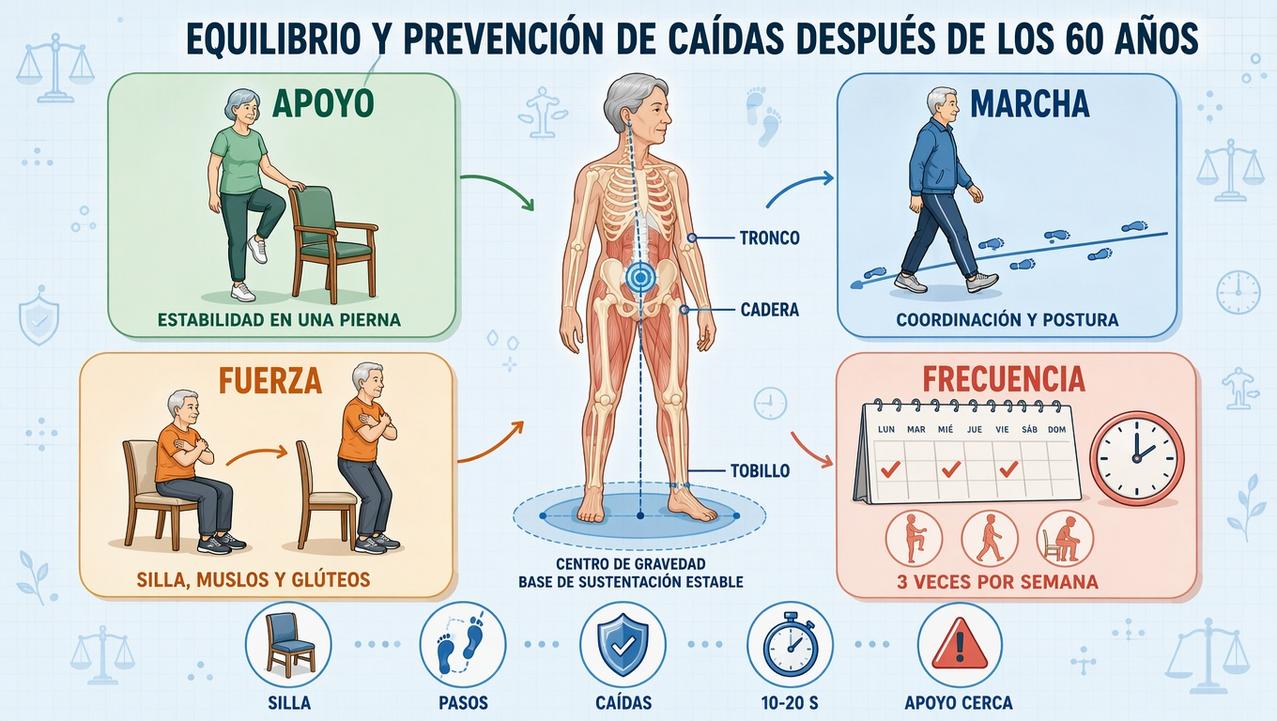 Cuatro pilares del equilibrio: apoyo, marcha, fuerza funcional y constancia semanal.