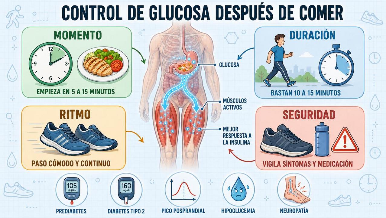 Momento, duración, ritmo y seguridad para caminar con azúcar alta.