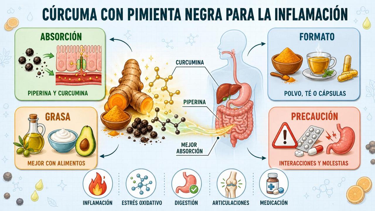Absorción, formato, grasa y precauciones: claves para tomar cúrcuma correctamente.