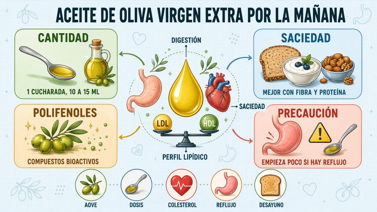 Cantidad, saciedad, polifenoles y precauciones al tomar AOVE por la mañana.