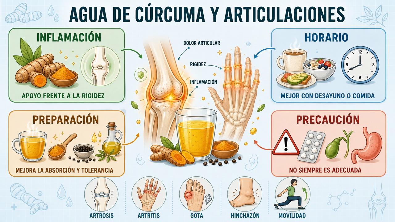 Infografía sobre inflamación, horario, preparación y precauciones del agua de cúrcuma.