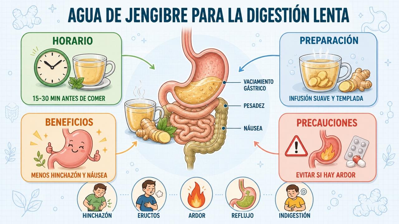 Horario, preparación, beneficios y precauciones del agua de jengibre digestiva.