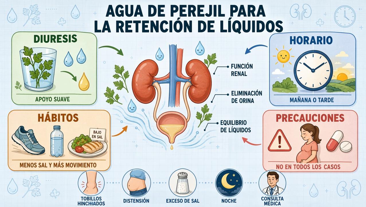 Diuresis, horario, hábitos y precauciones al usar agua de perejil.